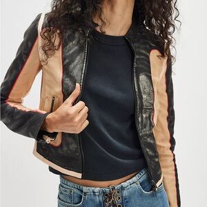 NWT Diesel L’Oonie Leather Jacket in Black and Tan / Beige